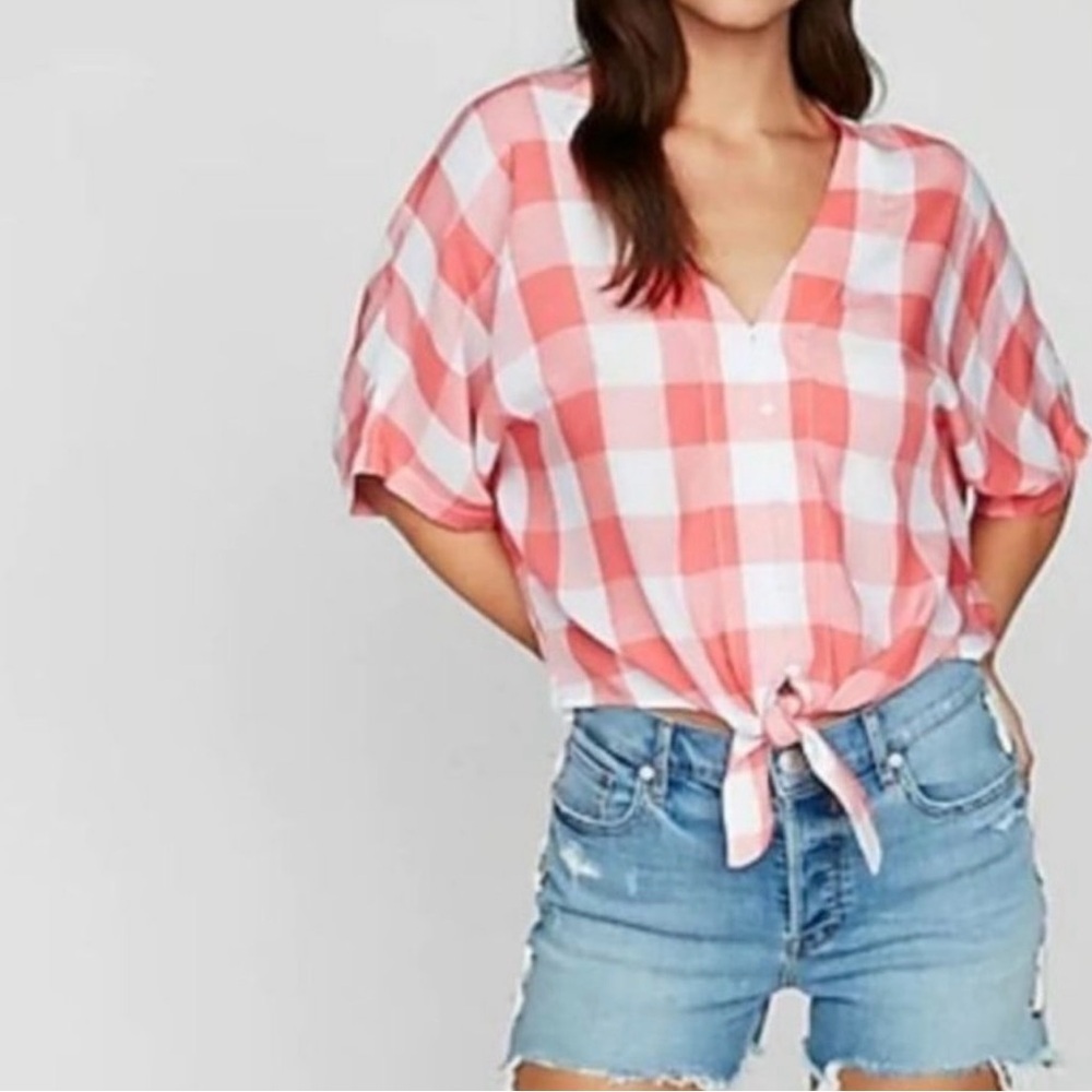 Express Womens Pink and White Plaid Tie Front Kimono Sleeve Blouse Size XL